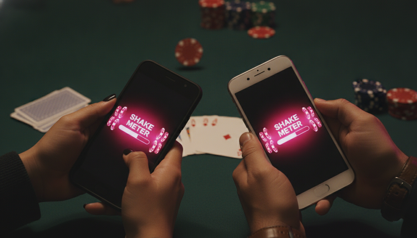 Two hands holding phones with hot pink shake meters above a green felt poker table with chips