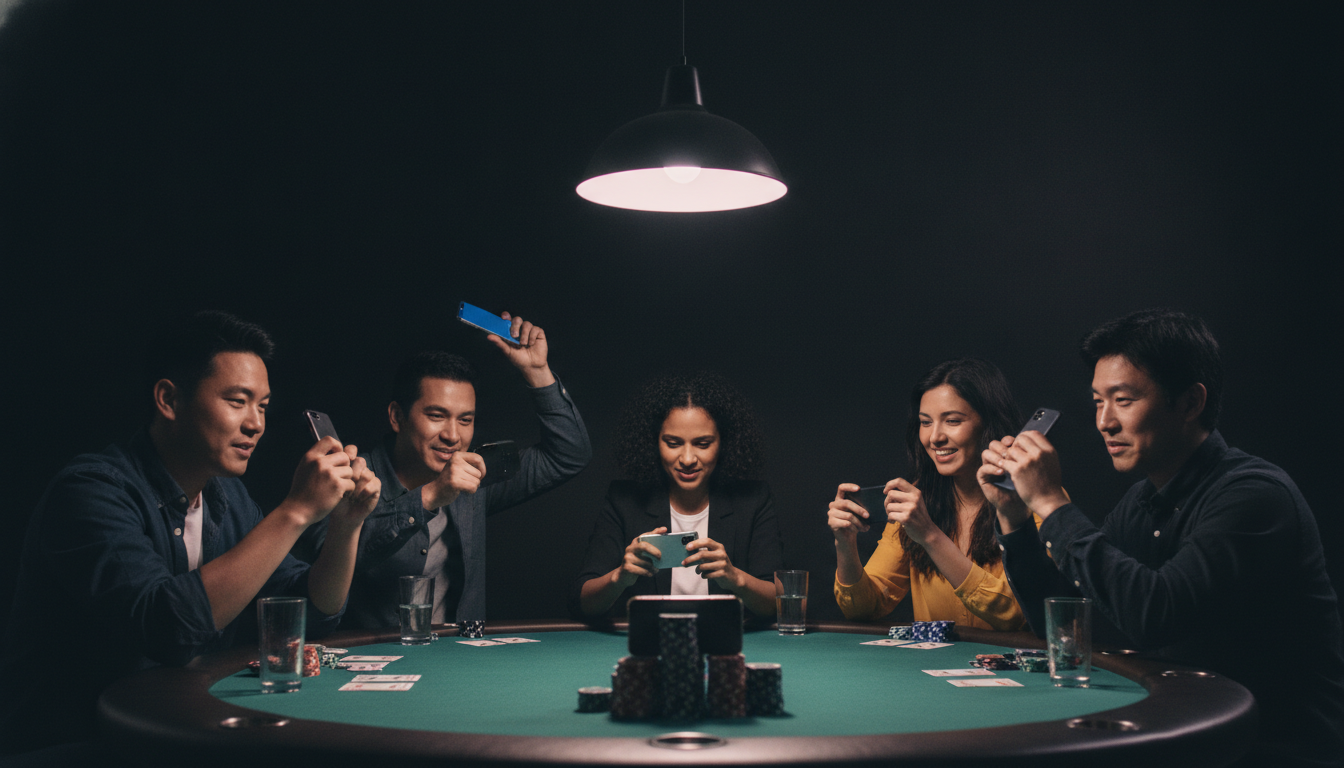 Six friends around a home poker table with phones raised mid-shake round under a pink pendant light