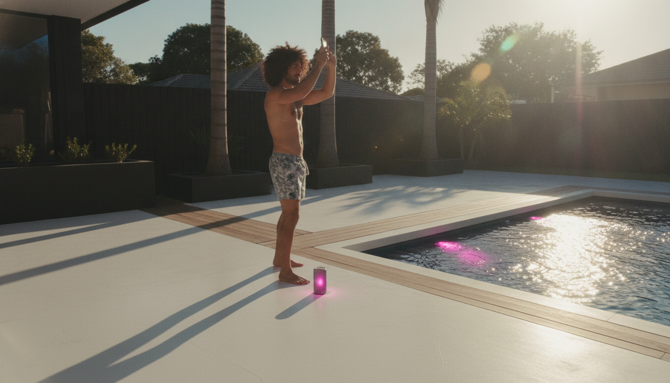 Man on a sunlit pool deck holding a phone overhead with a Bluetooth speaker pulsing hot pink