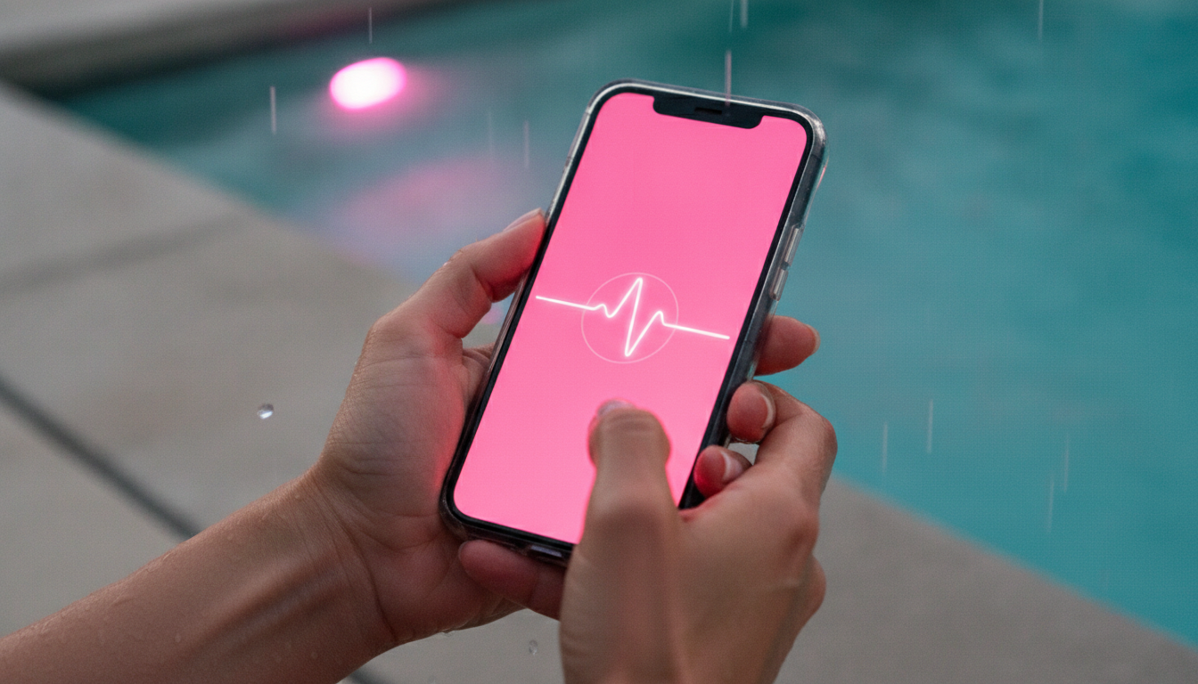 Close-up of wet hands gripping a phone showing a hot pink pulse meter at the pool edge