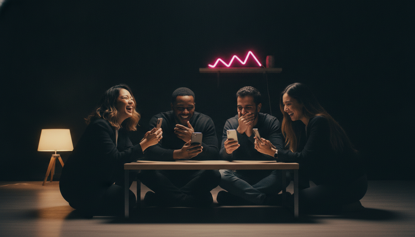 Five friends in their late twenties crowded around a low coffee table with phones raised, mid-laugh at a shared prompt in a black-walled living room.