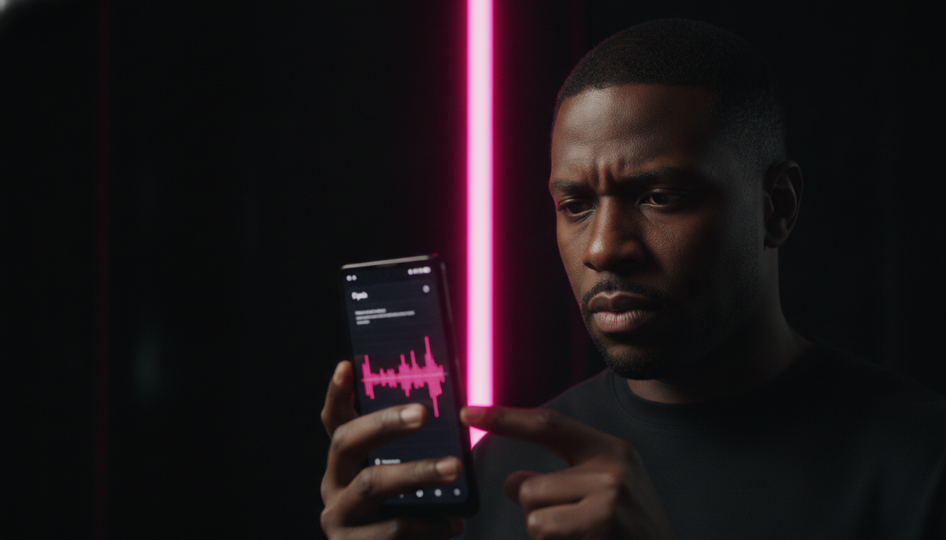 Man holding a Pixel 8 Pro showing a hot pink latency chart on a dark loft background