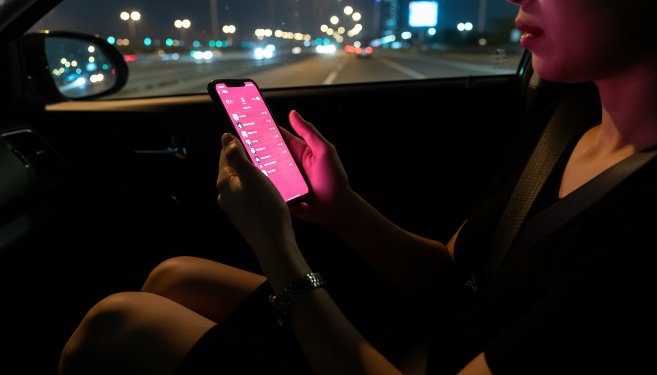 Close-up of hands shaking a phone showing a hot pink leaderboard inside a moving car at night