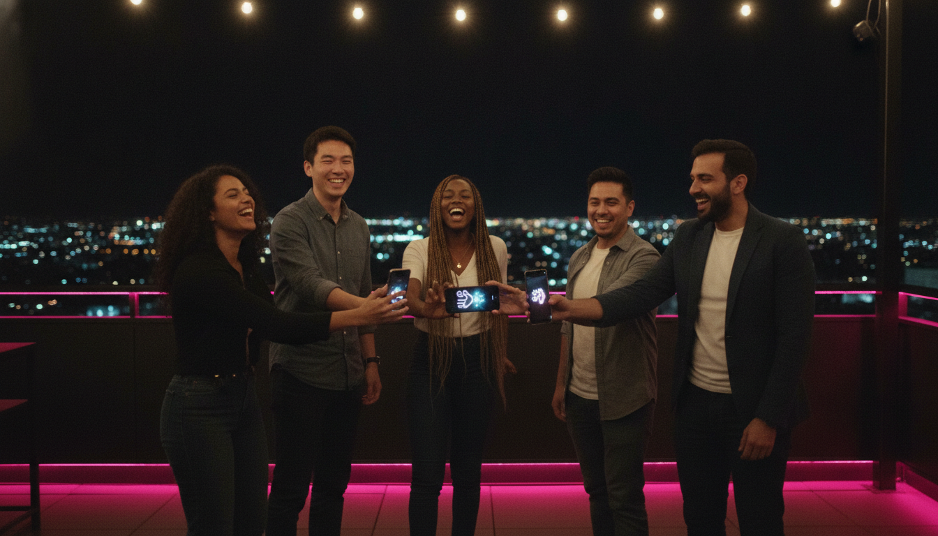 Group of six friends laughing on a rooftop bar terrace during a shake round