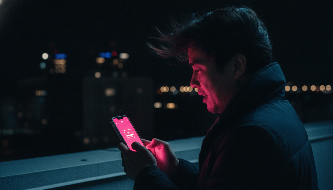 Close-up of hands gripping an iPhone in rooftop wind with pink screen glow