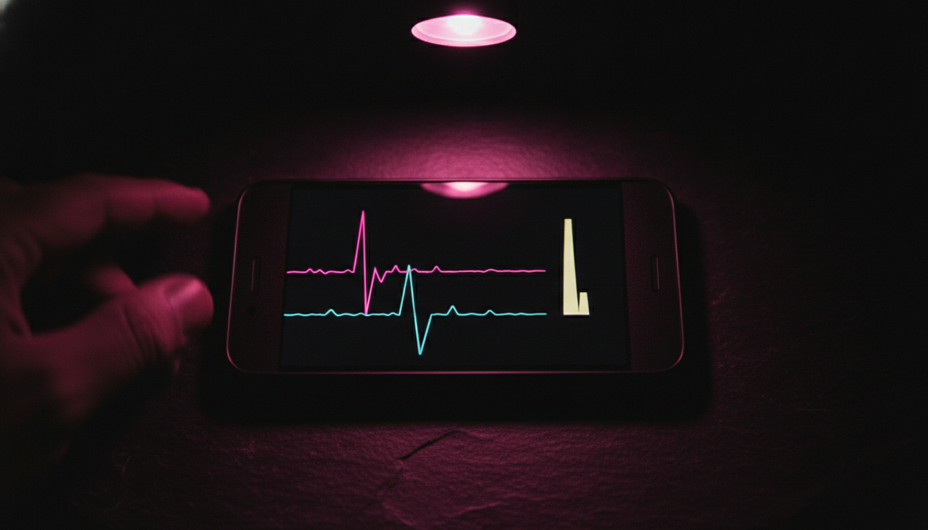 Overhead view of a smartphone screen showing overlaid accelerometer, gyroscope, and microphone traces