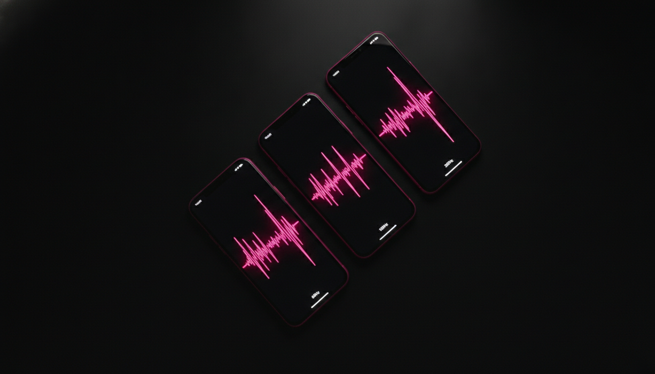 Three smartphones flat on black with pink waveform overlays at 60Hz, 100Hz, and 200Hz