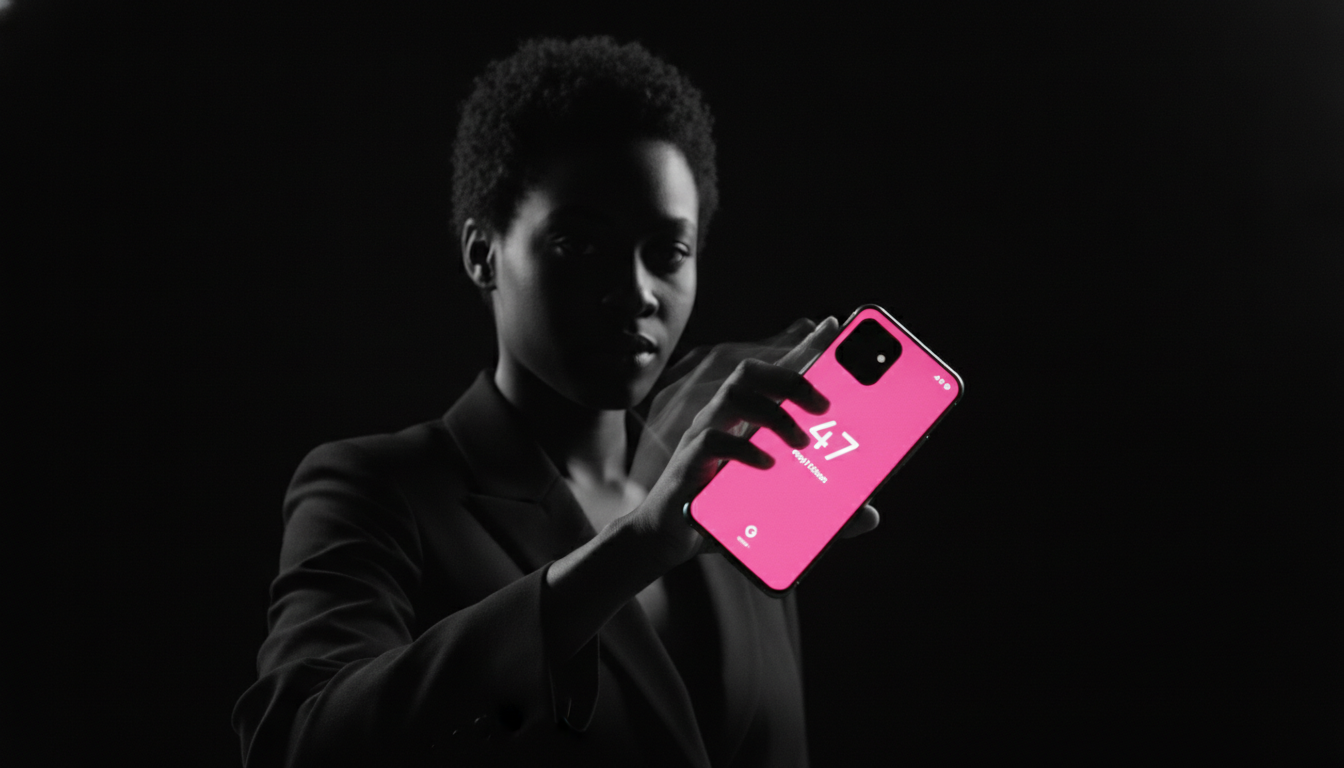 A hand mid-shake gripping a Pixel 8 Pro with a hot pink game score reading 47 against a pure black background