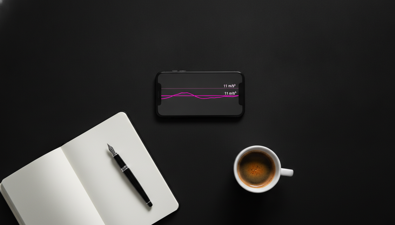 Top-down view of an iPhone displaying a hot pink accelerometer graph with horizontal threshold markers at 18 and 11 meters per second squared.