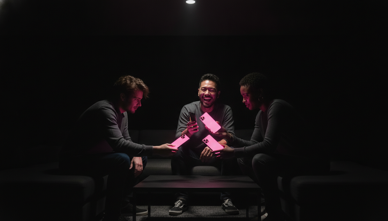 Three friends mid-shake around a low coffee table, phones tilted at different angles in a dim apartment lounge.