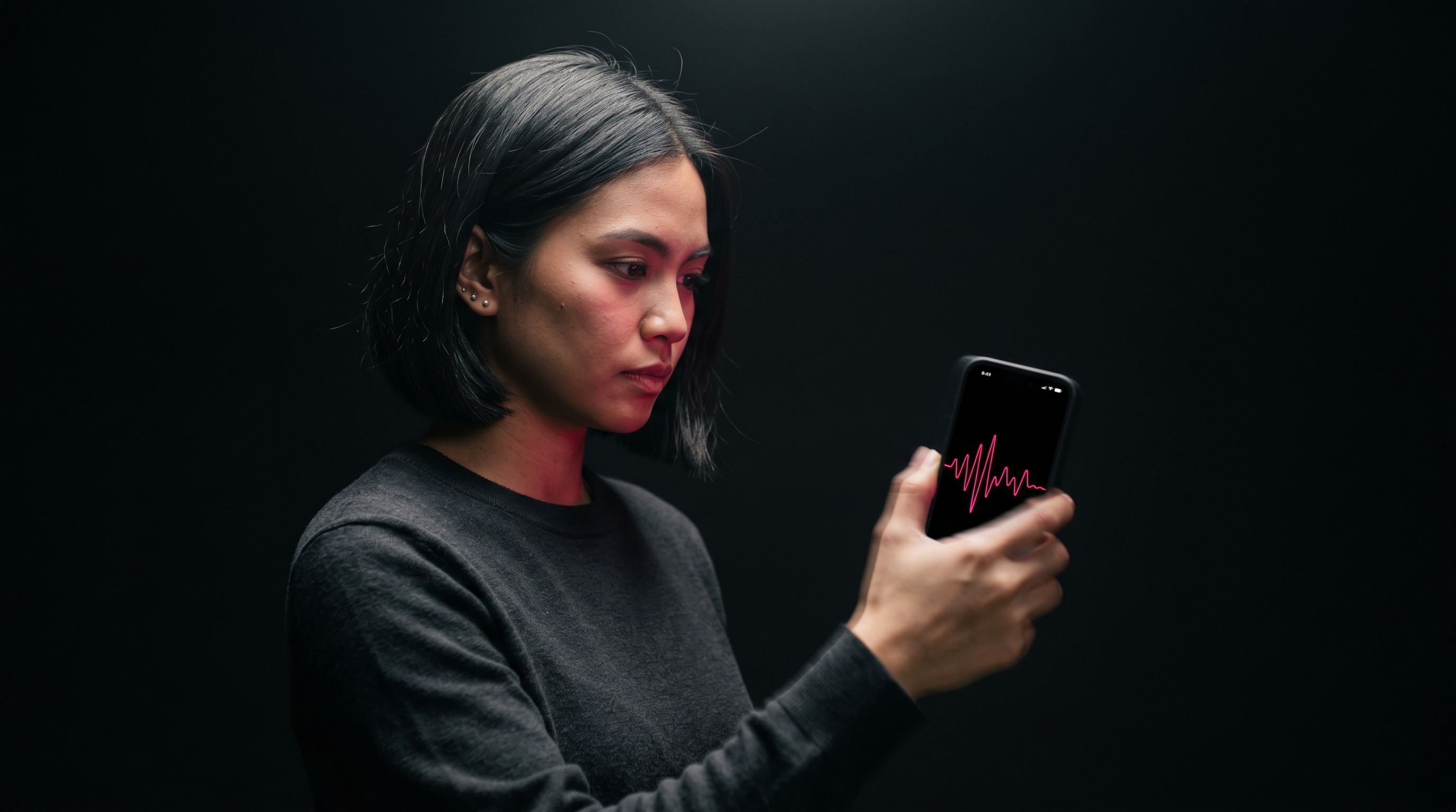 Filipino woman in her late twenties mid-shake with an iPhone, a hot pink accelerometer waveform glowing on the screen against a pure black background.