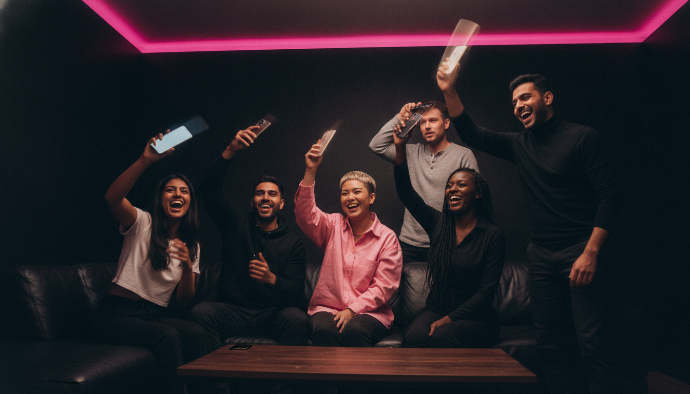 Six friends laughing around a coffee table with phones raised mid-shake round in a dim modern living room