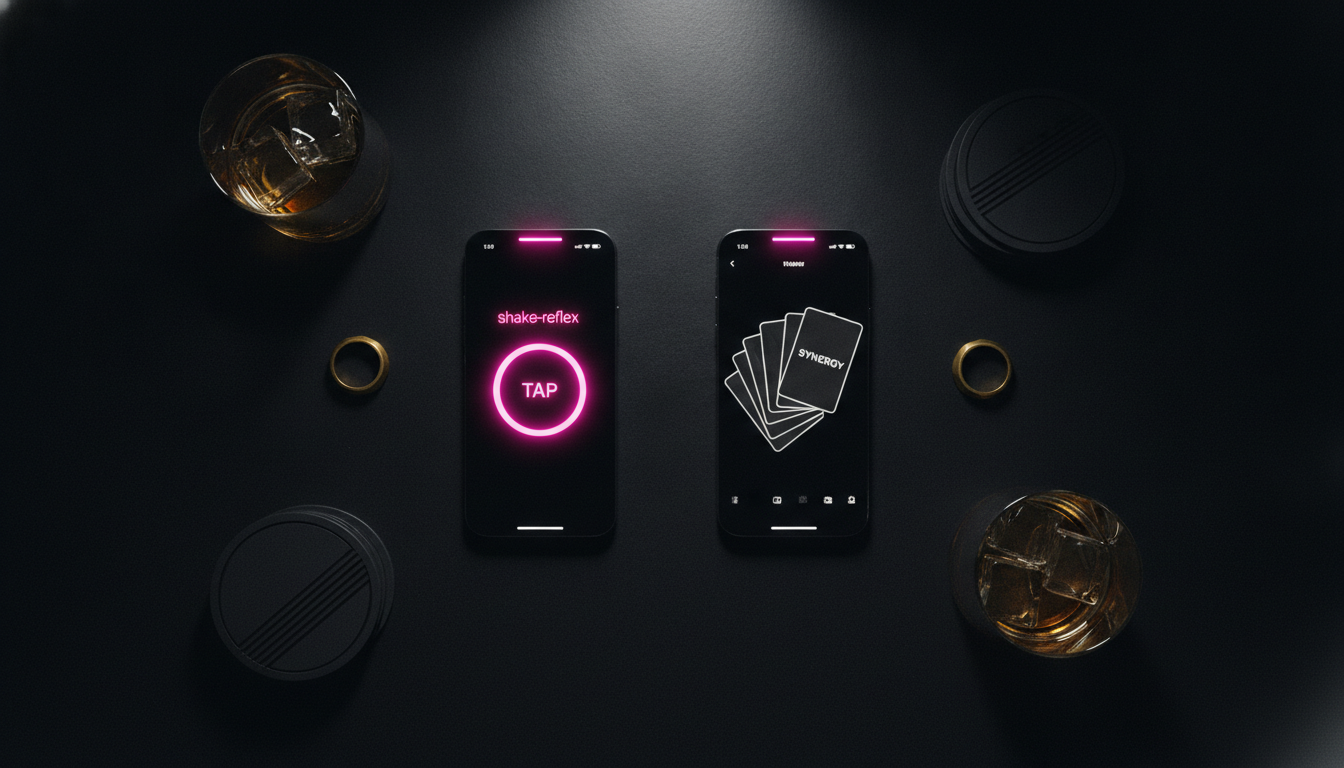 Overhead flatlay of two phones side by side showing a shake reflex interface and a word-card interface
