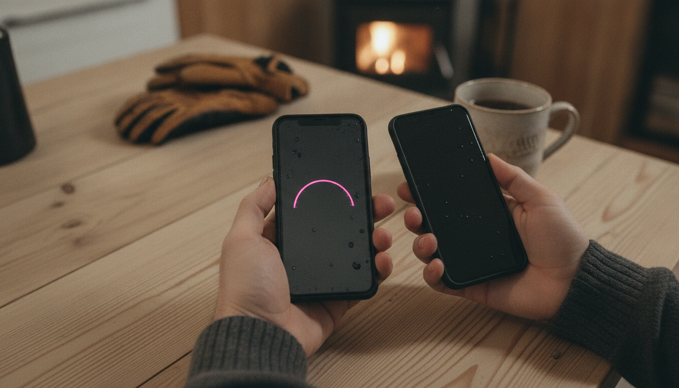 Two cold hands holding matte black phones over a raw pine table with a hot pink shake meter on one screen