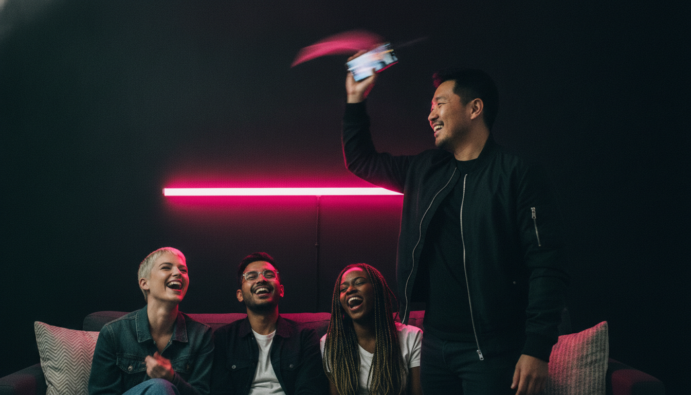 A Korean-American man in a black bomber jacket mid-shake in front of three seated friends laughing in a dim apartment with a hot pink neon bar behind