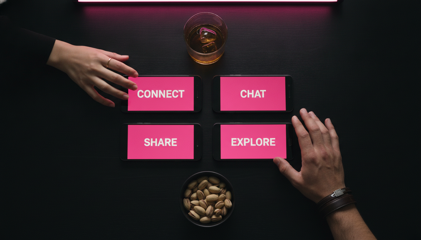 Overhead flat lay of four phones with hot pink screens arranged on a matte black coffee table