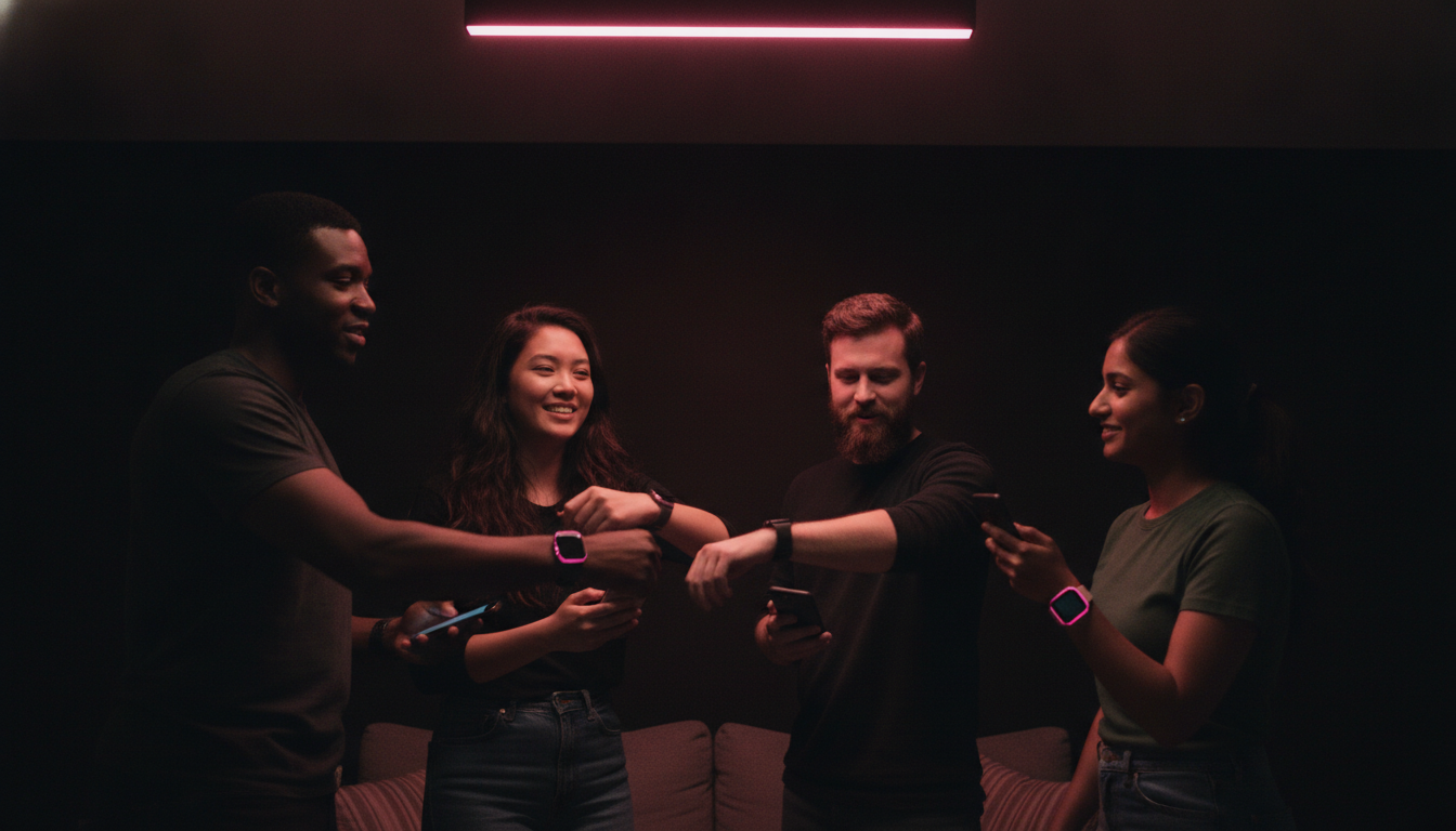 Four friends wearing smartwatches mid-shake in a dim apartment with pink LED accents