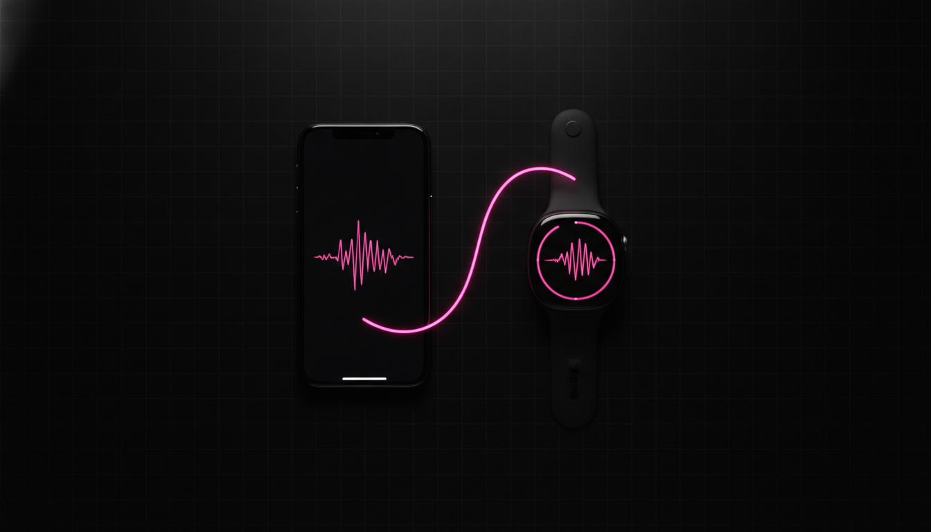 Overhead flatlay of iPhone and Apple Watch linked by hot pink data line