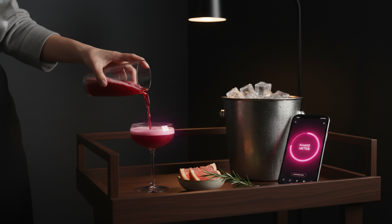 Non-alcoholic bar cart with hibiscus mocktail and a phone displaying a hot pink shake meter