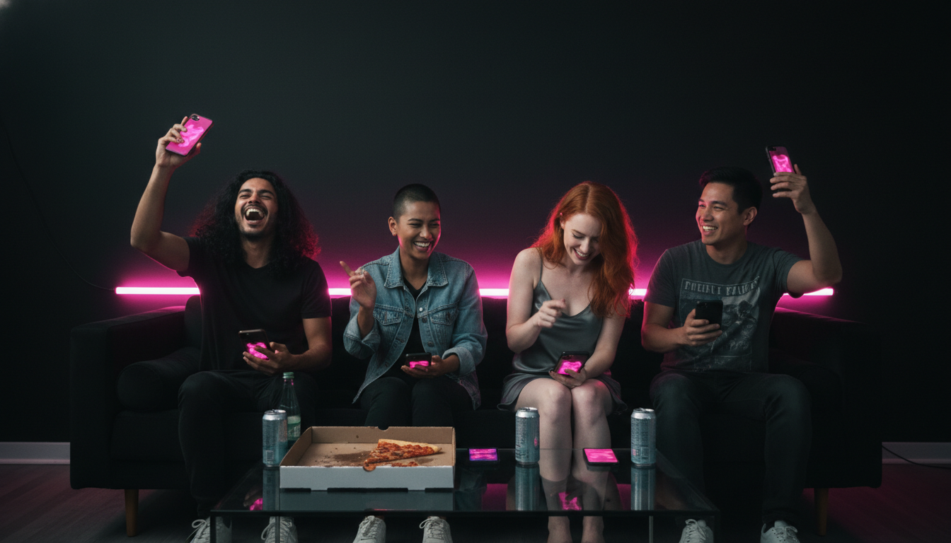 Four friends on a velvet couch mid-shake, phones glowing hot pink against pure black walls