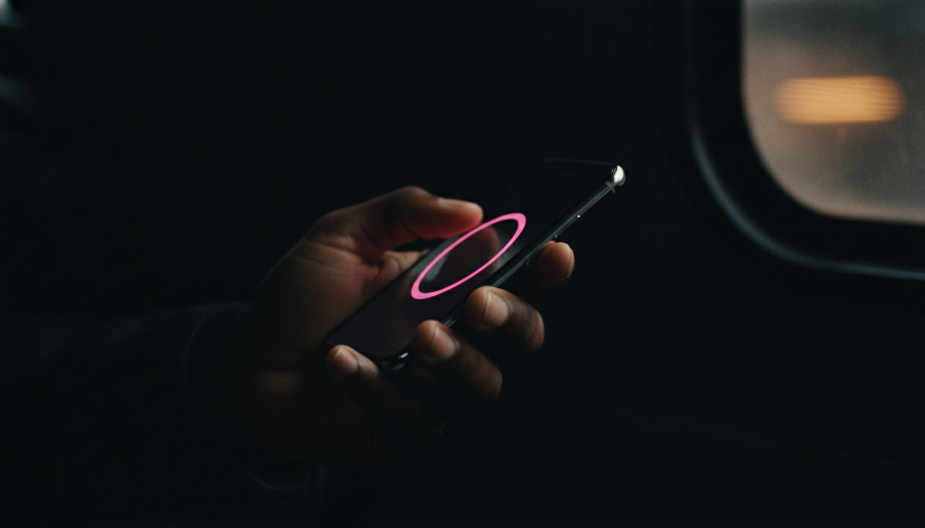 Close-up of a hand playing a one-hand phone shake game on a bus