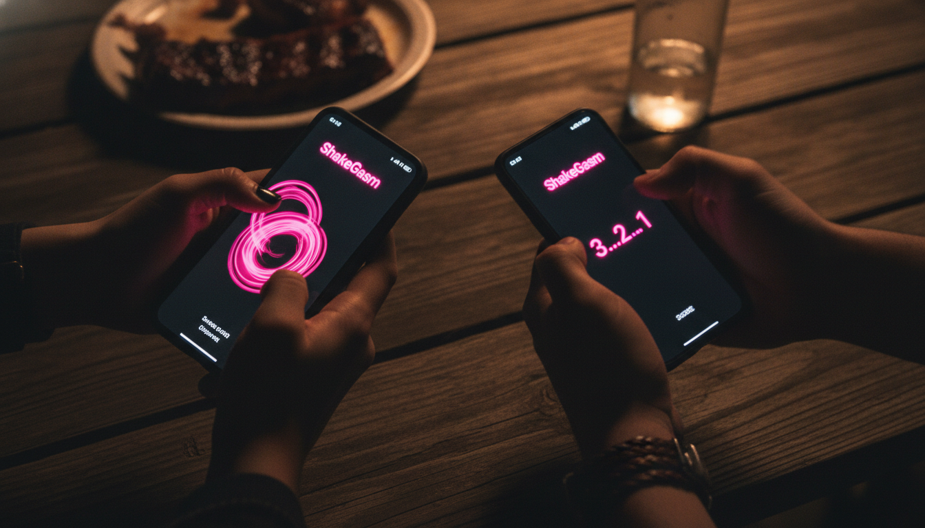 Two hands gripping smartphones mid-shake over a picnic table, hot pink countdown glowing on one screen