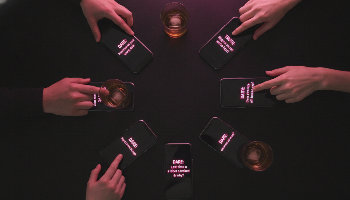 Six smartphones arranged in a circle on a black table, each showing a party-game prompt in hot pink