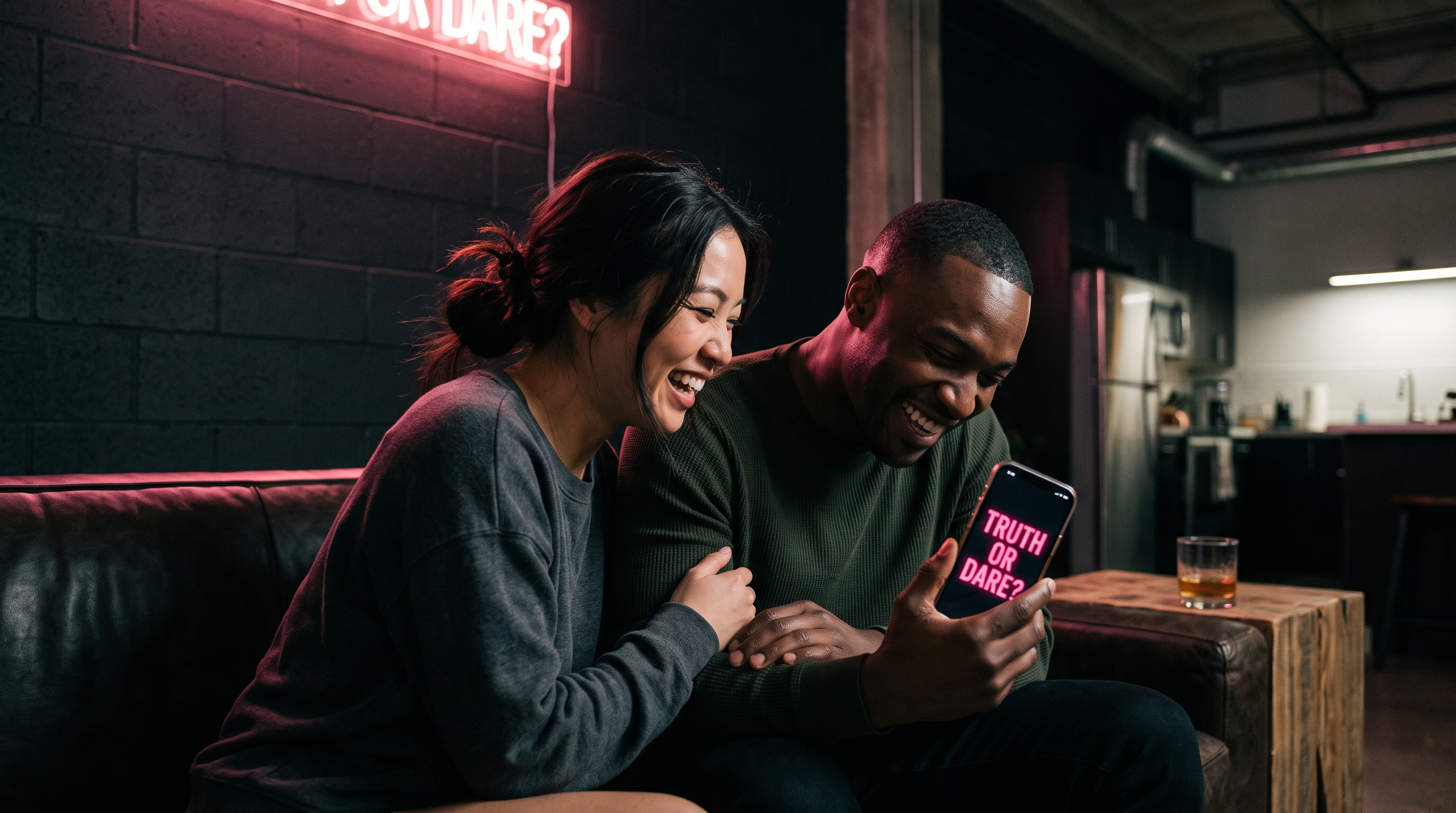 Two adult friends laughing over a phone showing a word-game prompt in hot pink against a black loft wall