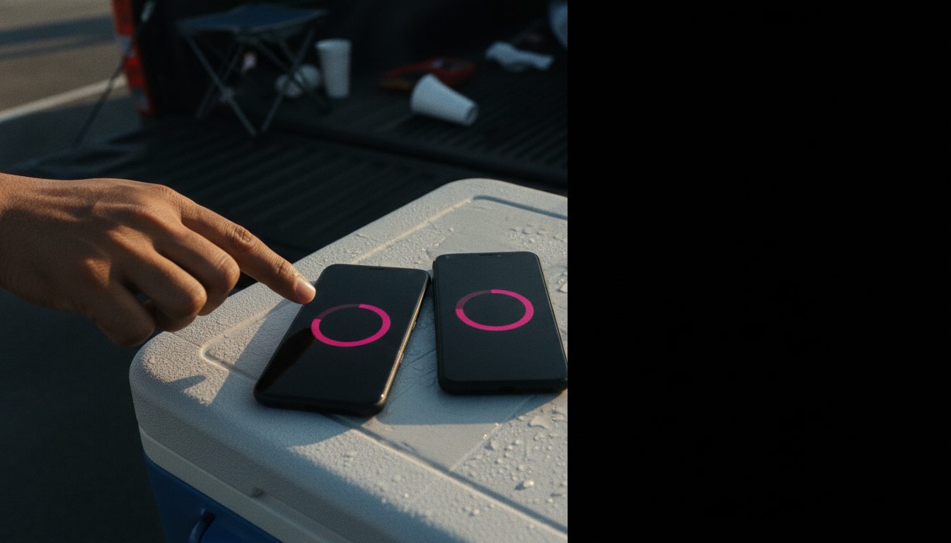 Two smartphones resting on a metal cooler lid, hot pink progress ring glowing on screen