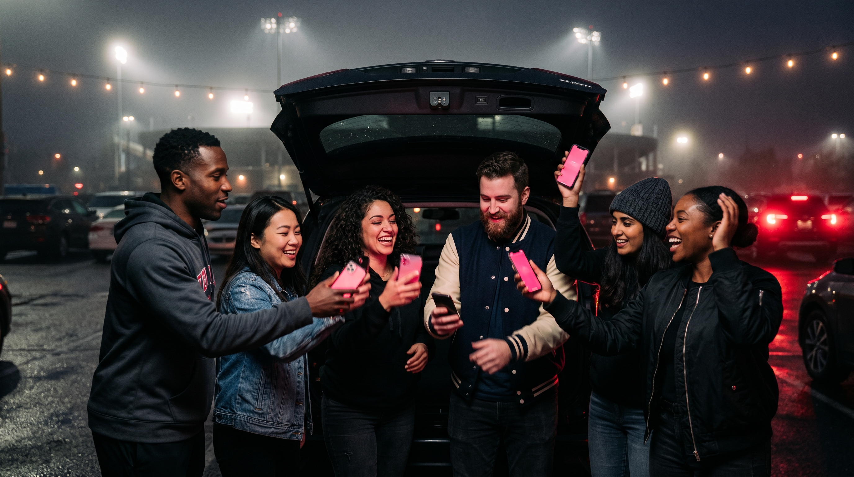 Six friends shaking phones around the open tailgate of a black SUV in a stadium parking lot at dusk
