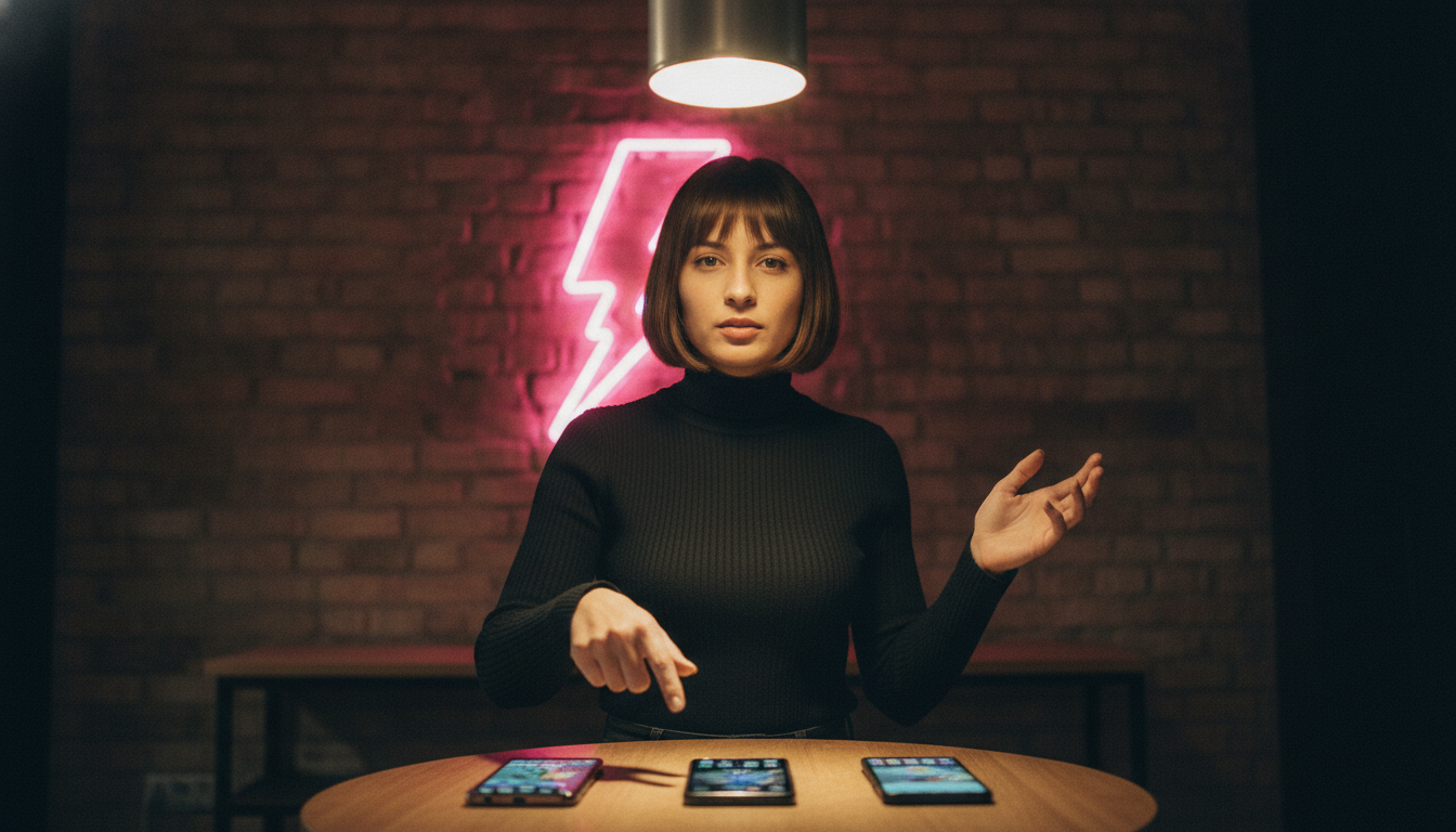 A Vietnamese woman in her late twenties in a black turtleneck explains a game rule at a table with three phones under a single pendant lamp