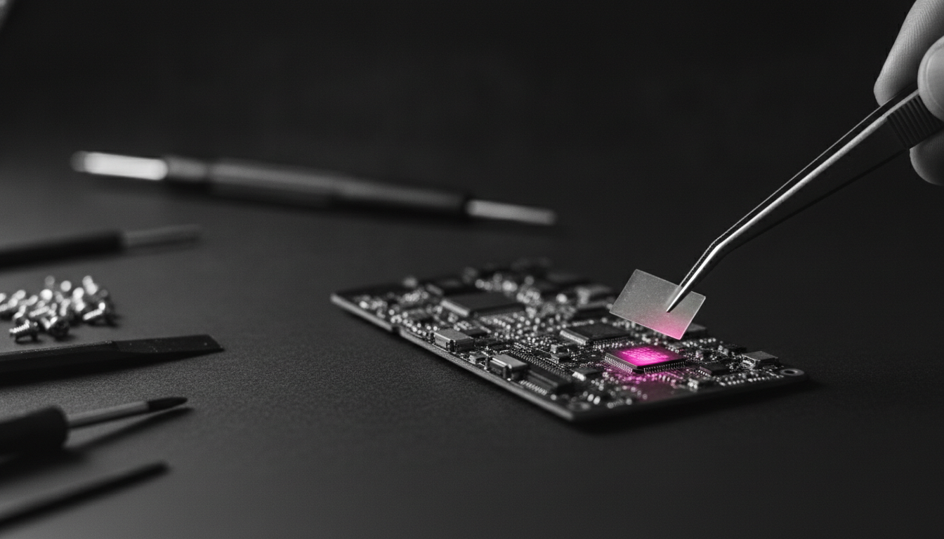 Macro shot of an exposed phone motherboard with a hot pink lit MEMS accelerometer chip
