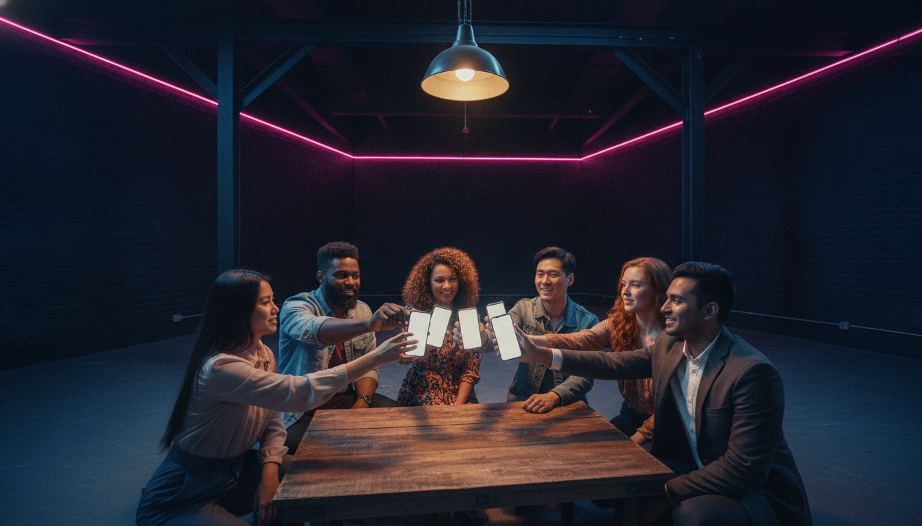 Six friends in a loose circle voting with tilted phones during a this or that round