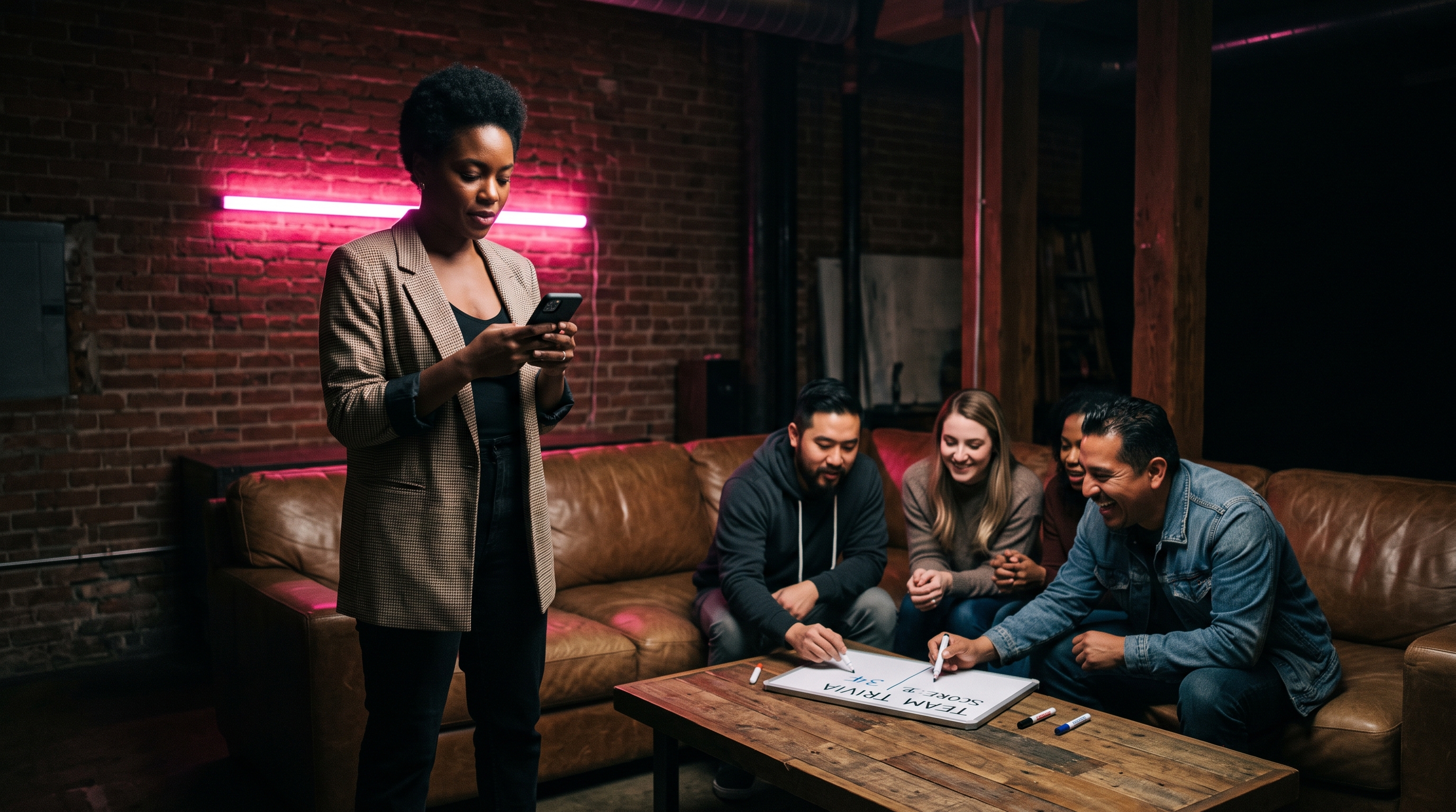 Trivia night host reading a question off her phone to four seated adult teammates in a dim loft with a hot pink neon strip on the back wall.