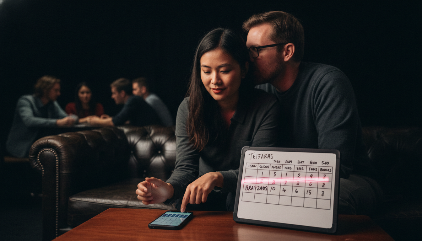 Over-the-shoulder close-up of a Vietnamese woman tapping an answer on her phone while her teammate leans in to whisper, with a small whiteboard scoreboard on the coffee table.