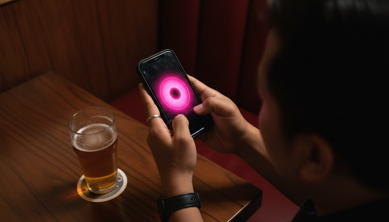 Two hands gripping a phone in a vertical shake stance, screen glowing hot pink at the buzz-in moment