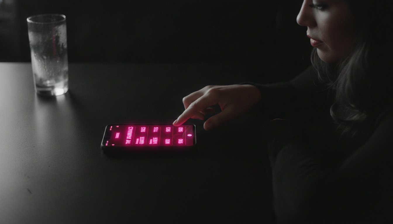 Smartphone lying flat on a matte black bar counter showing a hot pink trivia scoreboard with three team totals