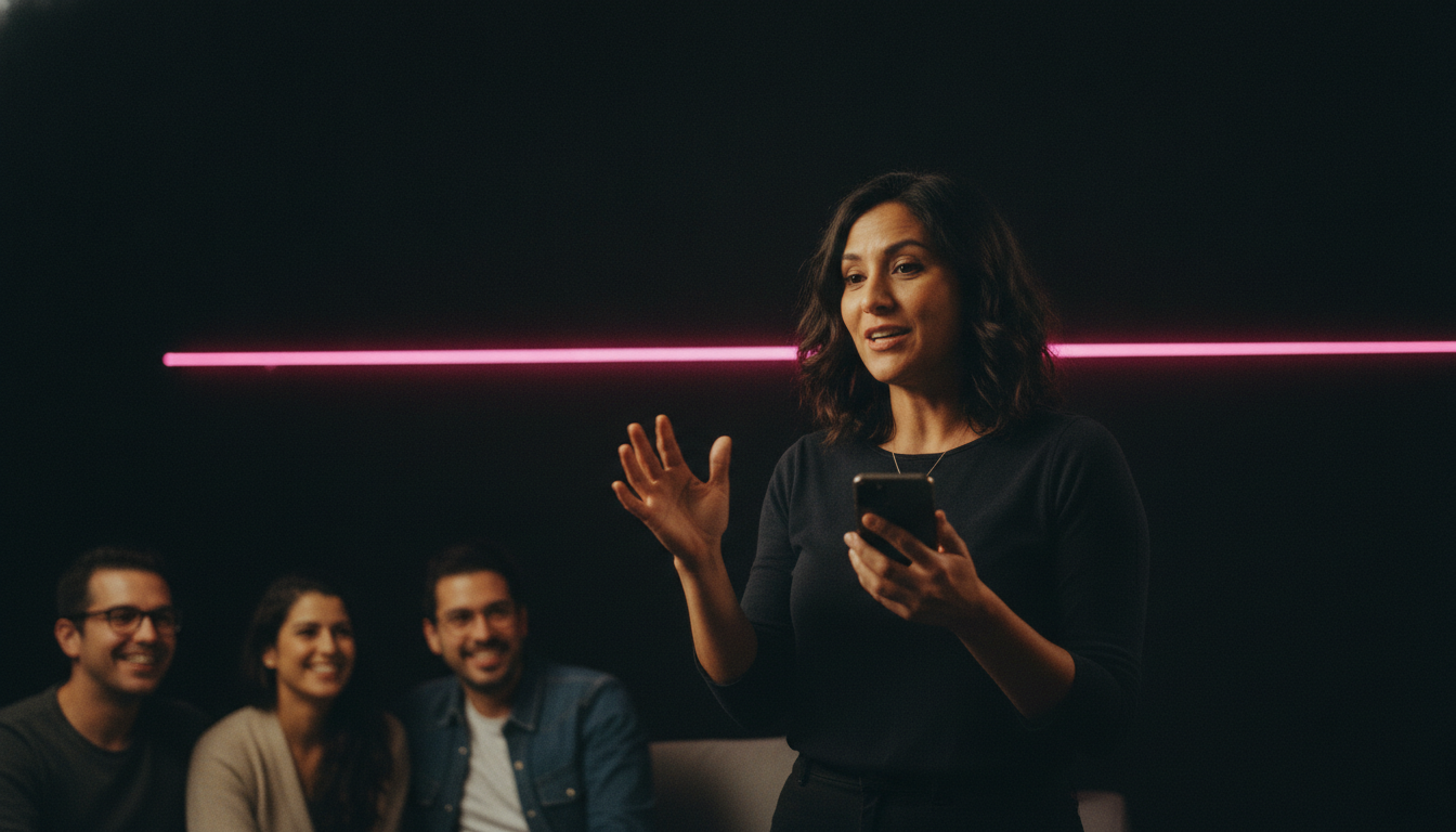 Latina host holding a phone at chest height in front of a seated group under hot pink neon