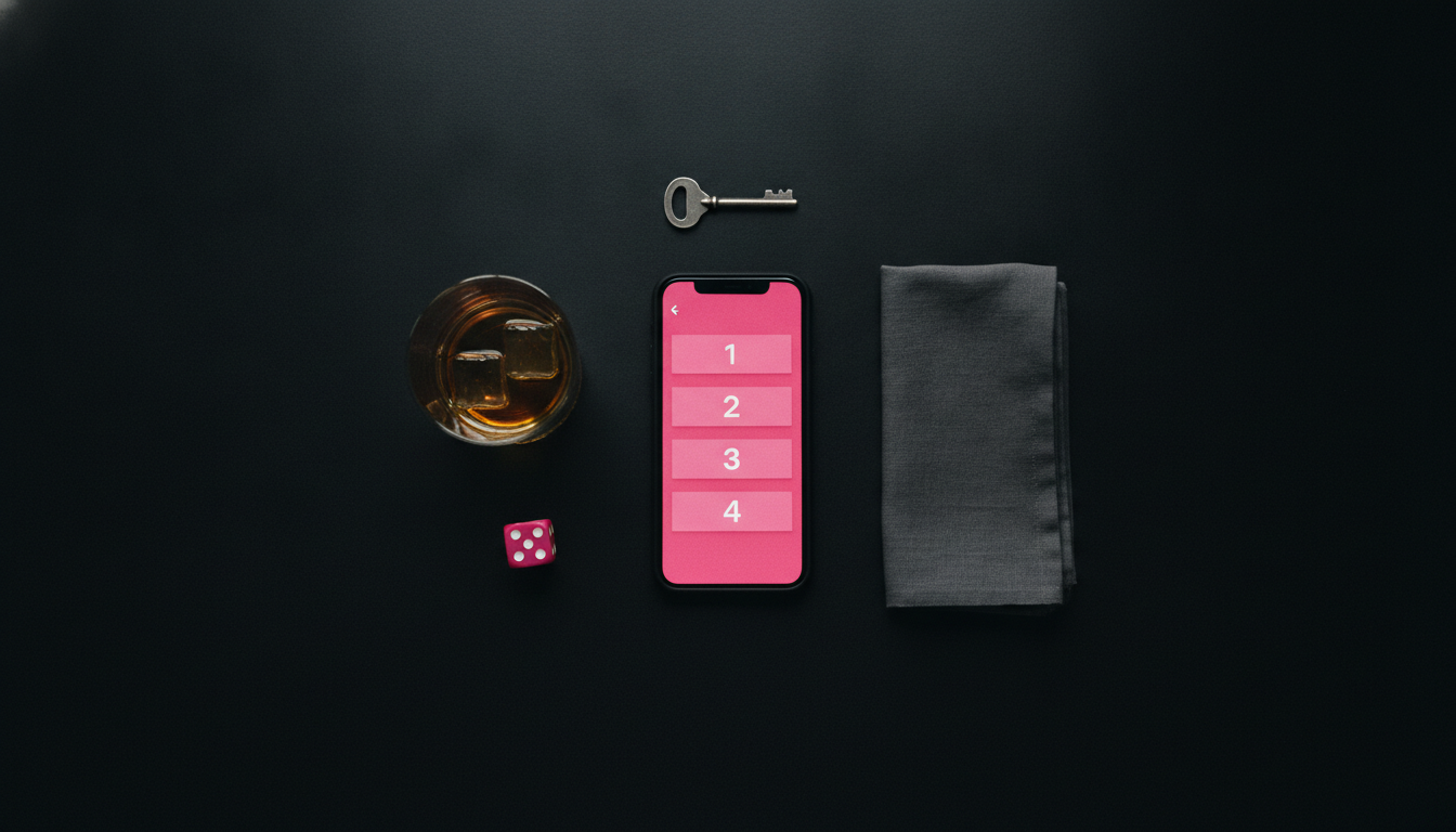 Overhead flat-lay of a phone showing four intensity tier cards next to a whiskey glass and pink dice