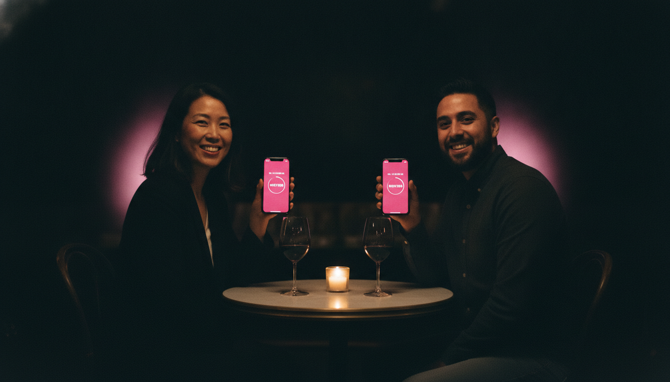 A couple across a candlelit bistro table holding phones with pink score indicators mid-round