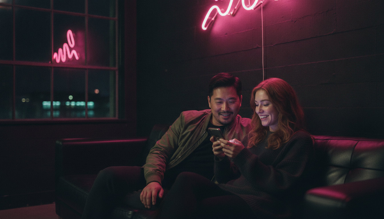 Two friends on a black leather couch sharing a phone screen under a pink neon squiggle