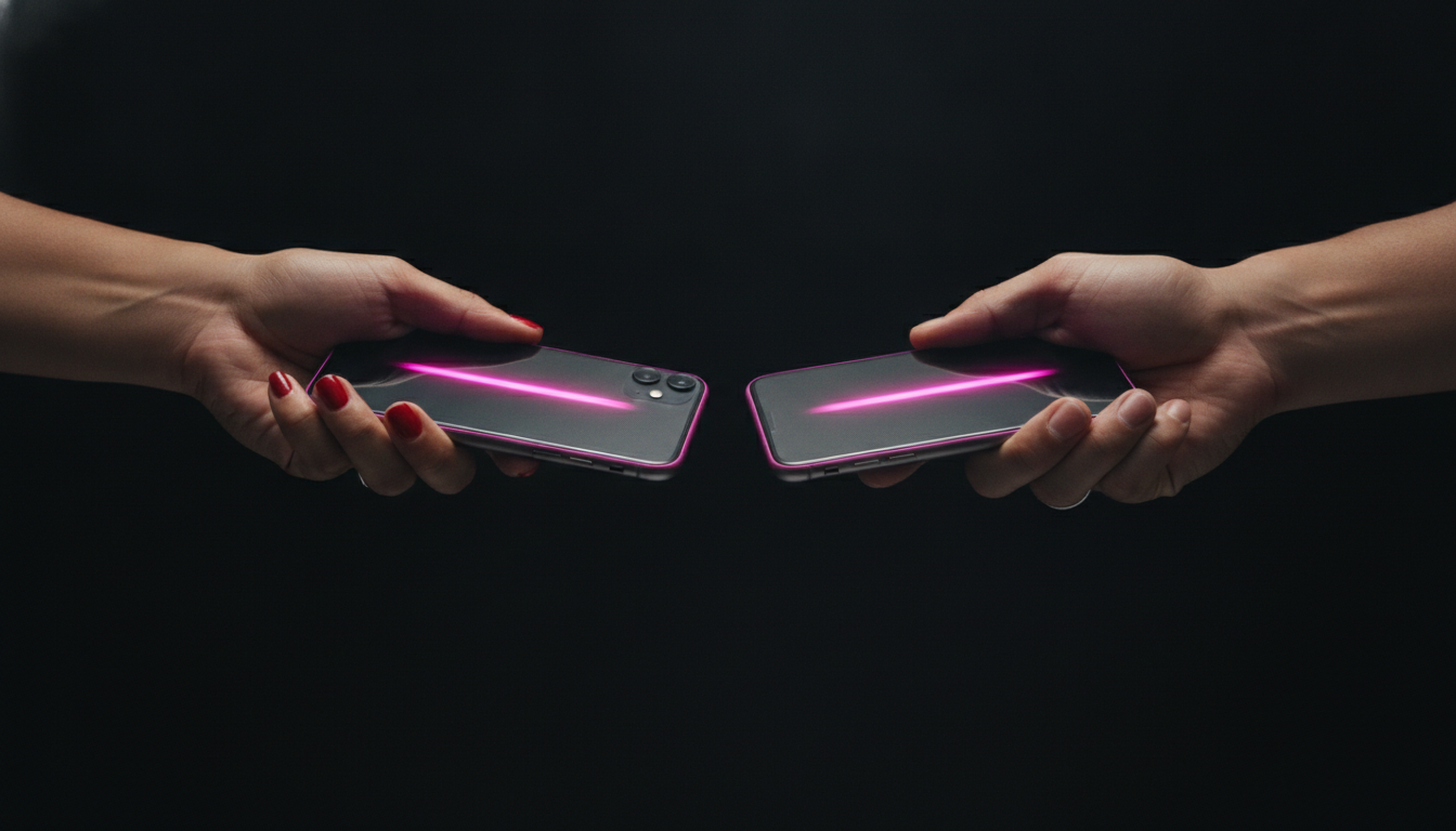 Two hands gripping phones mid-shake, pink streaks of motion blur across each screen