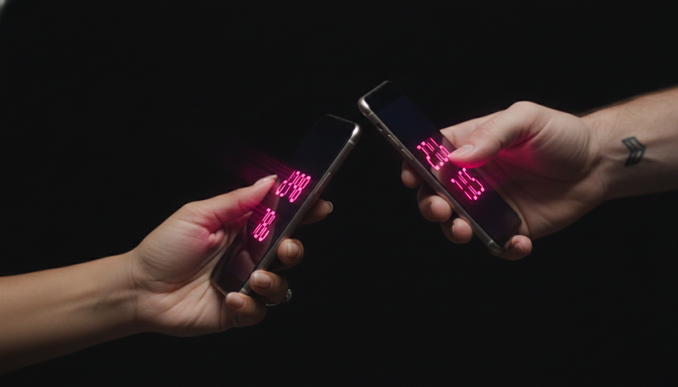 Extreme close-up of two hands mid-shake with phones glowing pink at the reflex tap moment