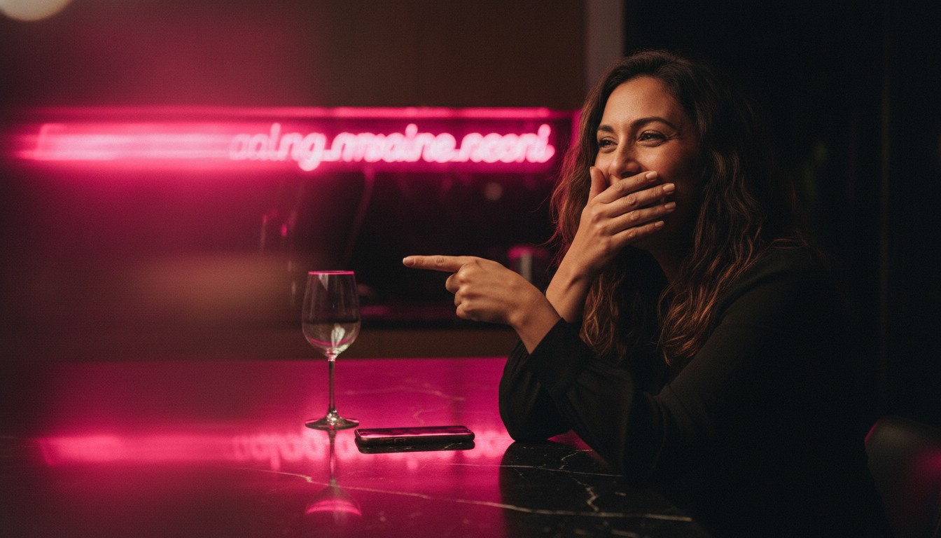 A woman laughing mid-reveal in a dim kitchen after a Two Truths and a Lie round