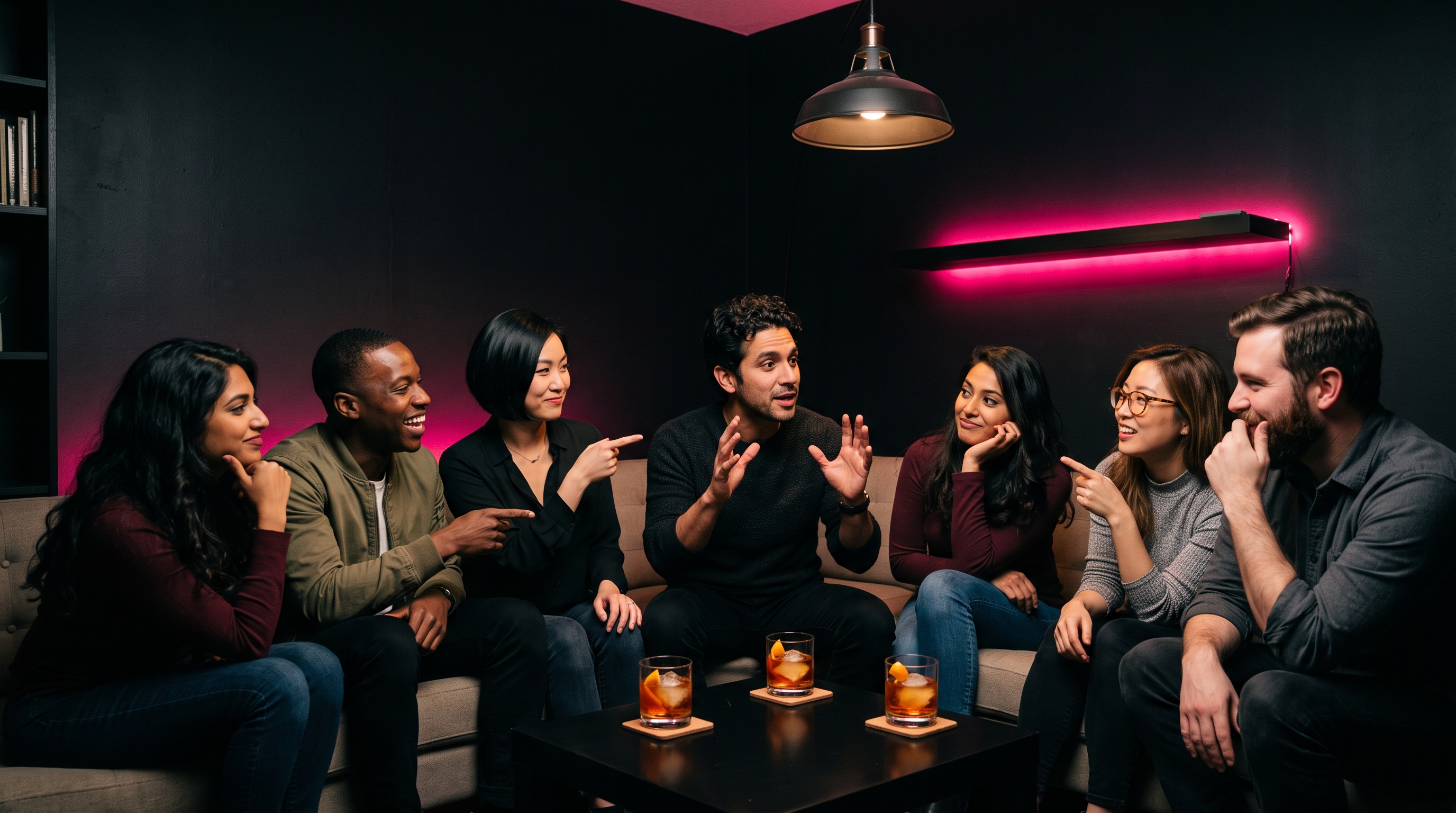 Six adults sitting in a low-lit living room playing Two Truths and a Lie, one leaning forward mid-story