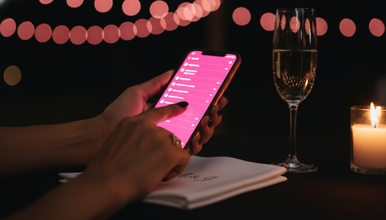 Close-up of a hand holding an iPhone with a hot pink leaderboard at a candlelit reception