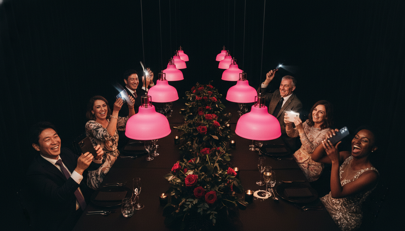 Eight wedding guests of mixed ethnicities shaking phones overhead at a long banquet table