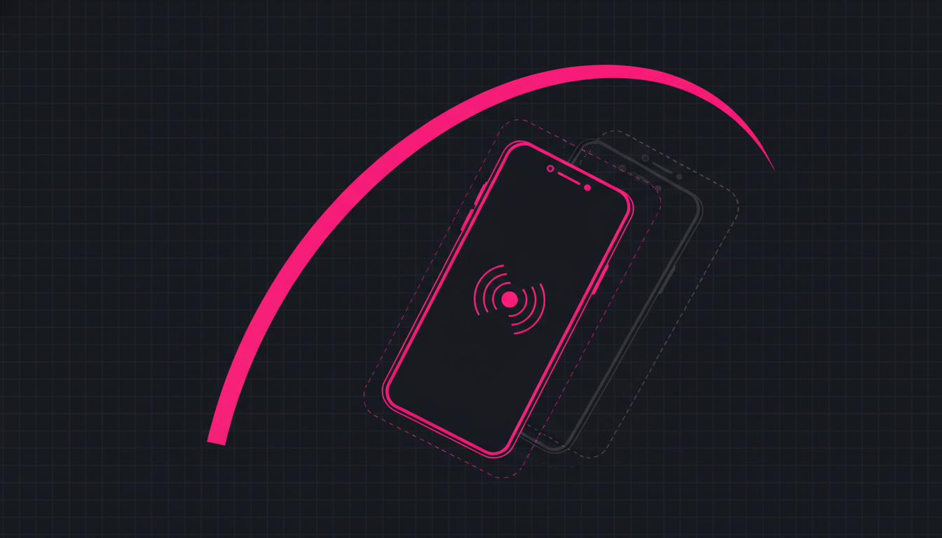Stylized diagram of a phone caught mid-shake with a hot pink motion arc tracing its peak-to-peak path