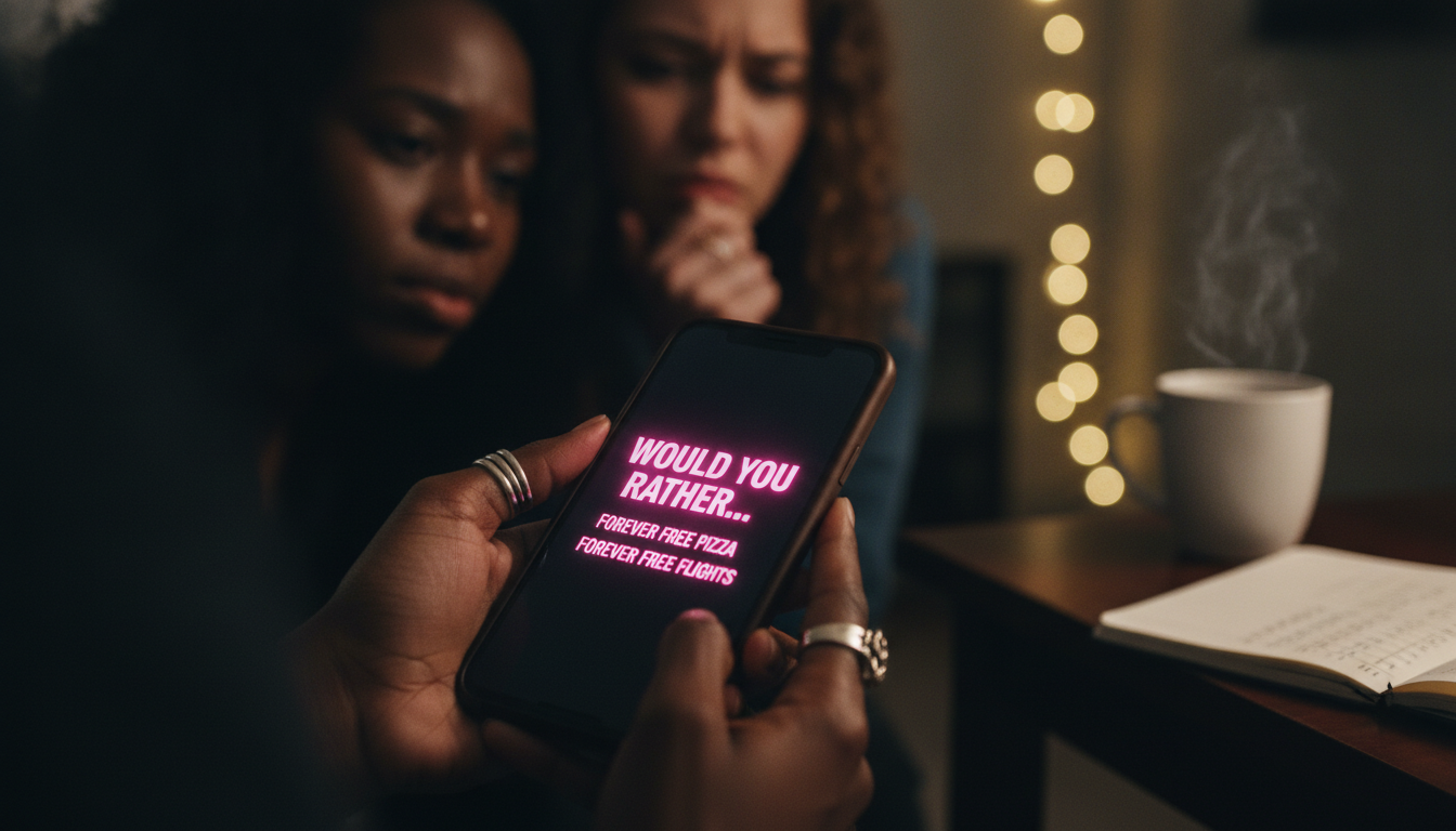 Close-up of a phone screen showing a would-you-rather prompt with two blurred friends leaning in to read