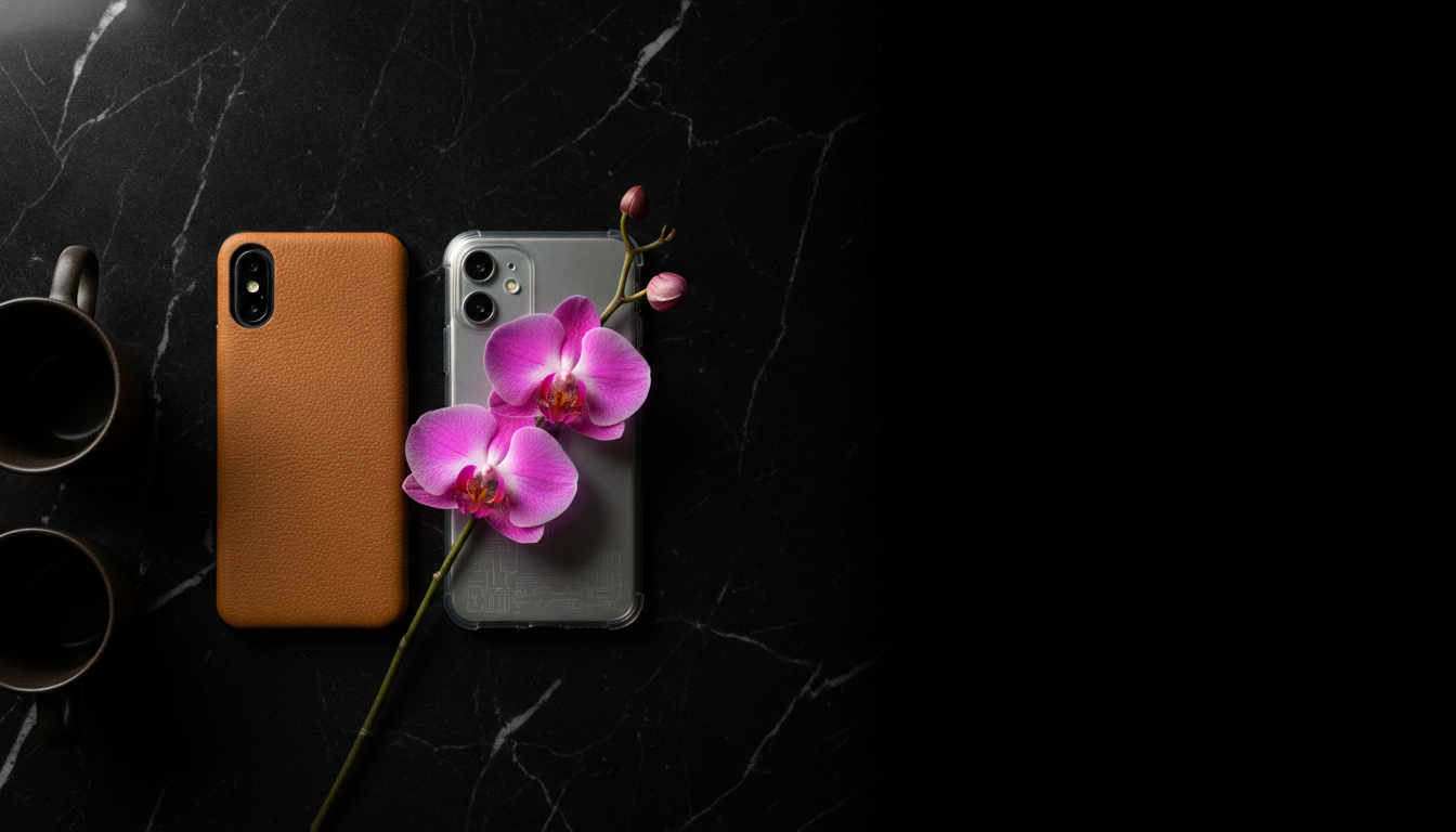 Overhead flat-lay of two phones face down on black marble with a single pink orchid